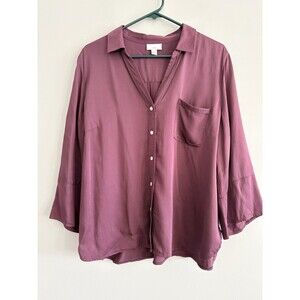 J. Jill Top Women’s Large 3/4 Bell Sleeve Button Down Shirt Purple Pocket
